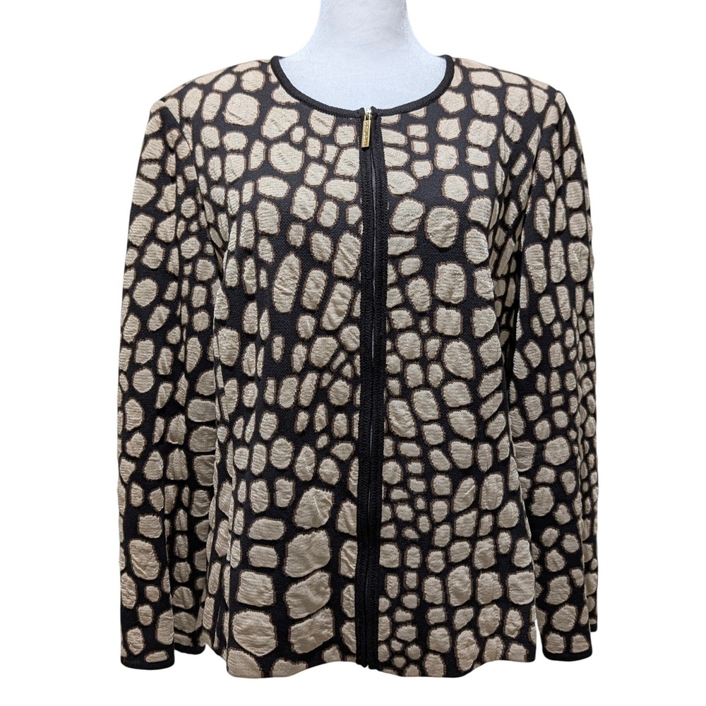 St. John Black Tan Brown Animal Print Full Zip Front Knit Cardigan Luxury Large